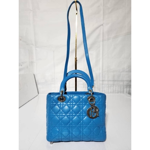 Authentic CHRISTIAN DIOR Lambskin Cannage Medium Lady Dior Satchel Bag Blue - Picture 1 of 16